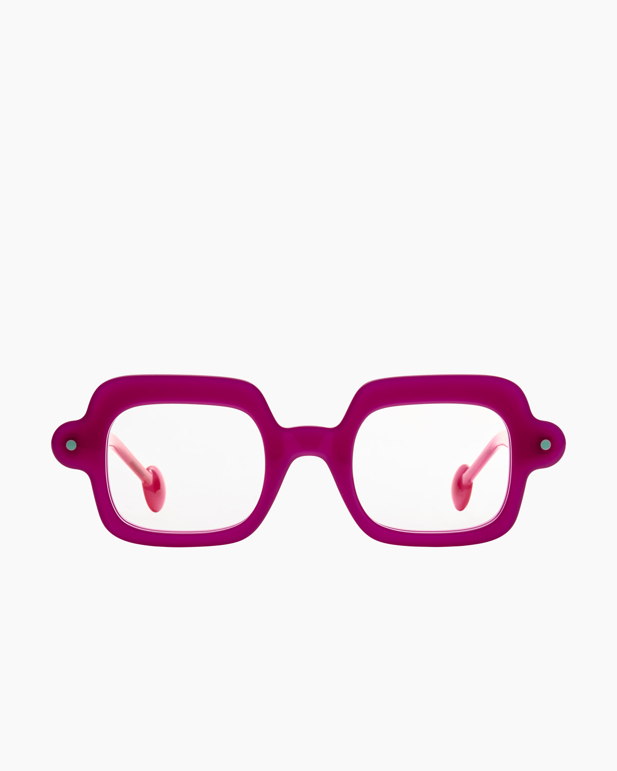 pink plastic rectangle eyeglasses by Anne et Valentin model Bim, front view, lunettes de vue rectangle couleur rose
