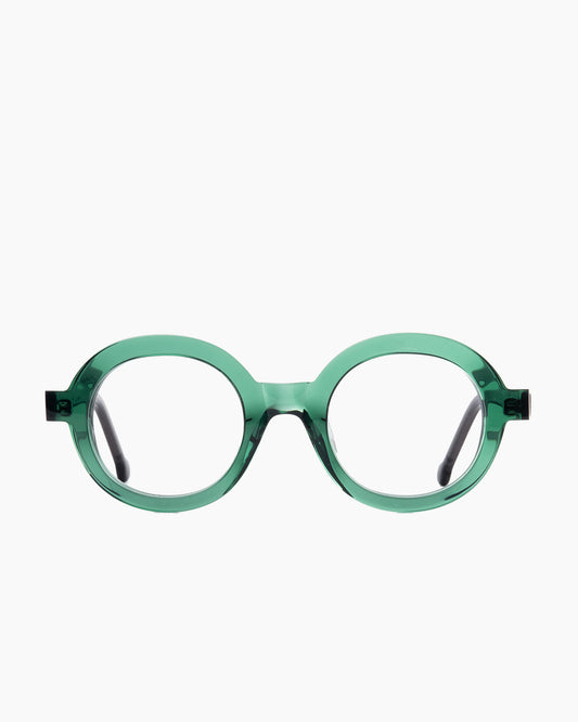 green plastic round eyeglasses by Marie-Sophie Dion model Luisa, front view, lunettes de vue rond couleur vert