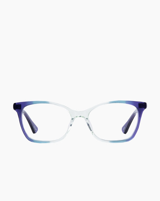 purple plastic butterfly eyeglasses by Evolve model Sophia, front view, lunettes de vue papillon couleur violet