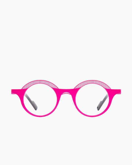 pink metal round eyeglasses by Theo model Pen, front view, lunettes de vue rond couleur rose