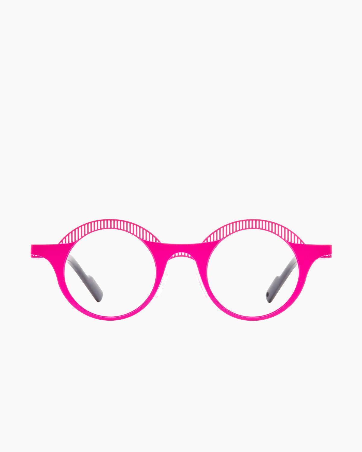 pink metal round eyeglasses by Theo model Pen, front view, lunettes de vue rond couleur rose