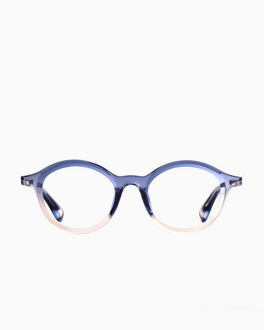blue plastic round eyeglasses by Theo model dagBreek, front view, lunettes de vue rond couleur bleu