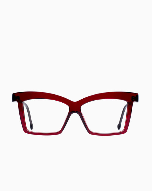burgundy plastic butterfly eyeglasses by Marie-Sophie Dion model Elkas, front view, lunettes de vue papillon couleur bourgogne