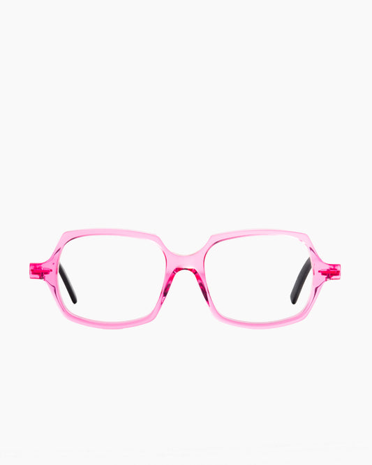 pink plastic rectangle eyeglasses by Theo model Noob, front view, lunettes de vue rectangle couleur rose