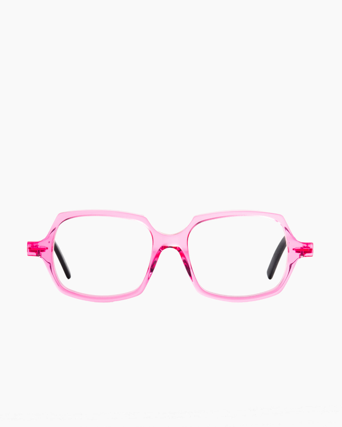 pink plastic rectangle eyeglasses by Theo model Noob, front view, lunettes de vue rectangle couleur rose
