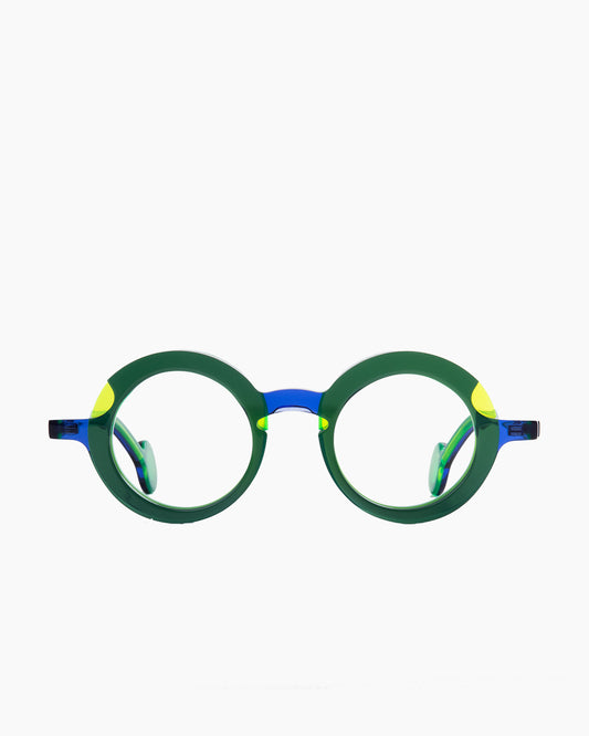 green plastic round eyeglasses by Theo model Sara, front view, lunettes de vue rond couleur vert