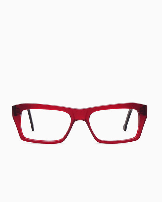 red plastic rectangle eyeglasses by Marie-Sophie Dion model Zakaib, front view, lunettes de vue rectangle couleur bourgogne