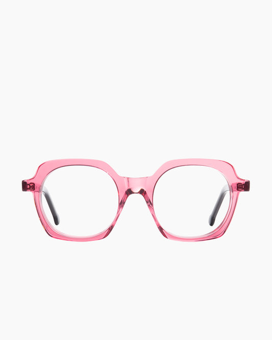 pink plastic hexagon eyeglasses by Marie-Sophie Dion model Aronson, front view, lunettes de vue hexagone couleur rose
