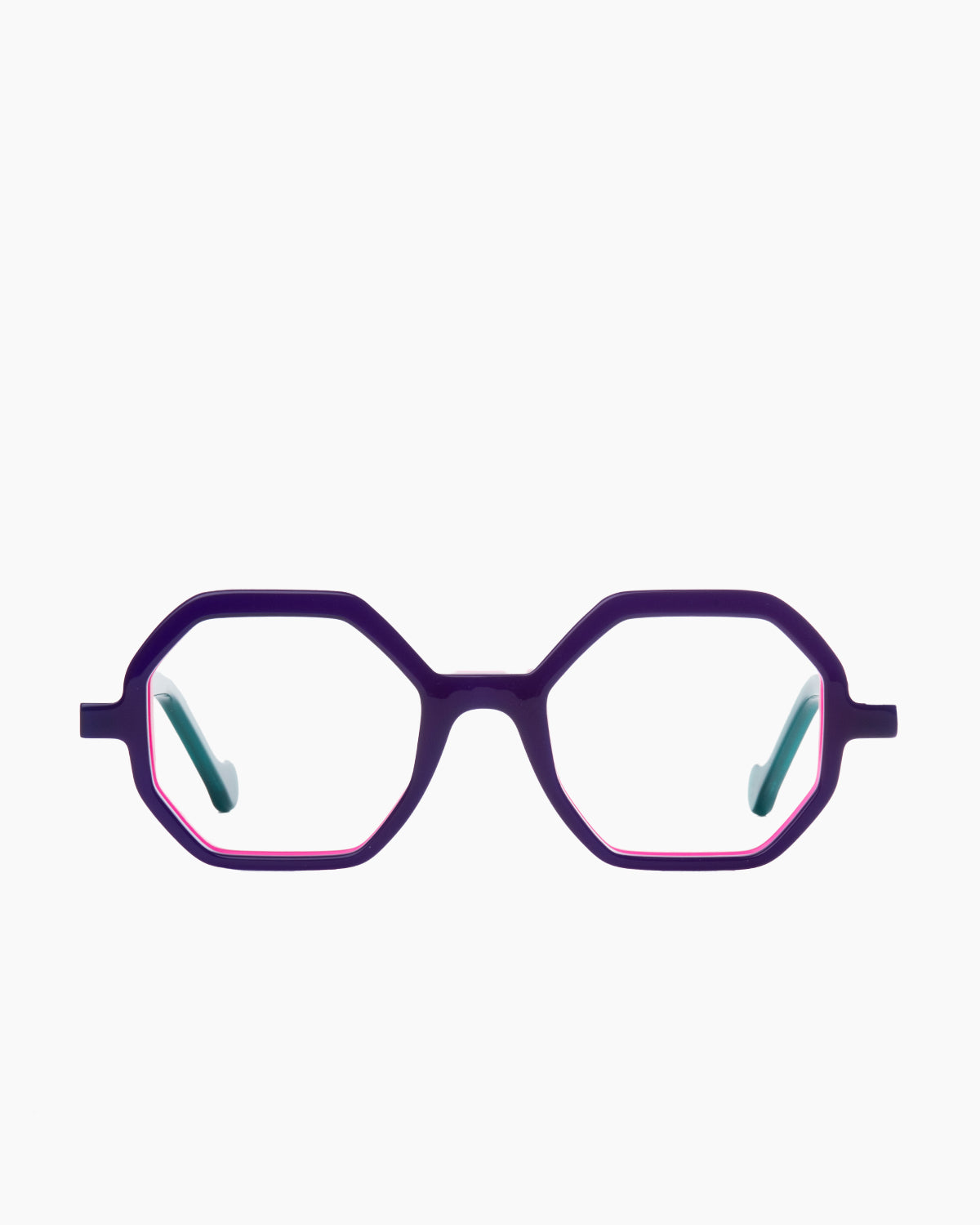 purple plastic octogon eyeglasses by Anne et Valentin model Abira, front view, lunettes de vue violet octogone