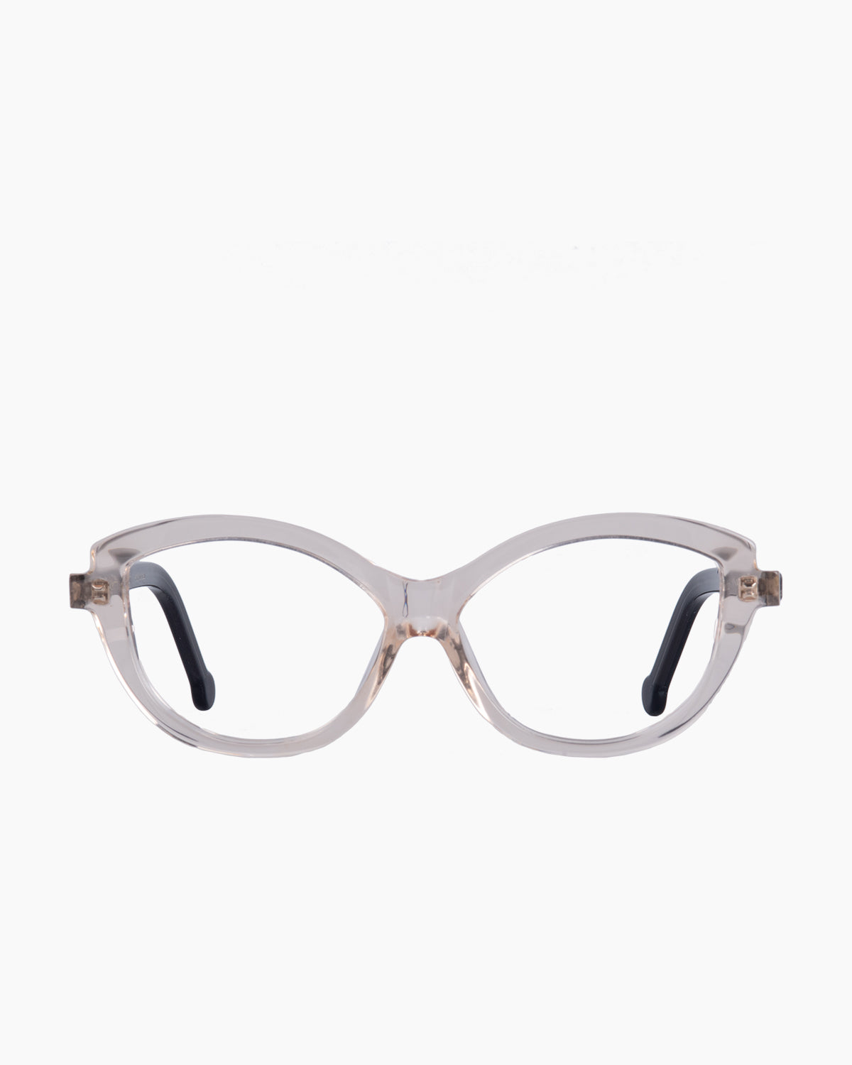 pink, beige plastic cat eyeglasses by Marie-Sophie Dion model Brodeur, front view, lunettes de vue chat couleur rose, beige