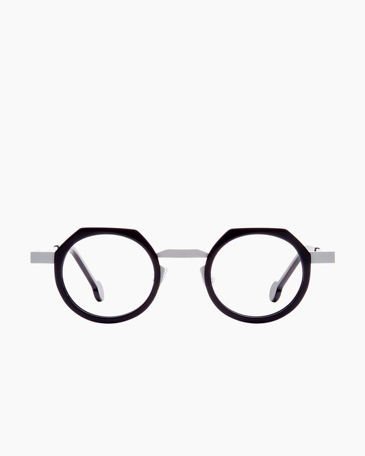 white metal round eyeglasses by Anne et Valentin model frehel, front view, lunettes de vue rond couleur blanc