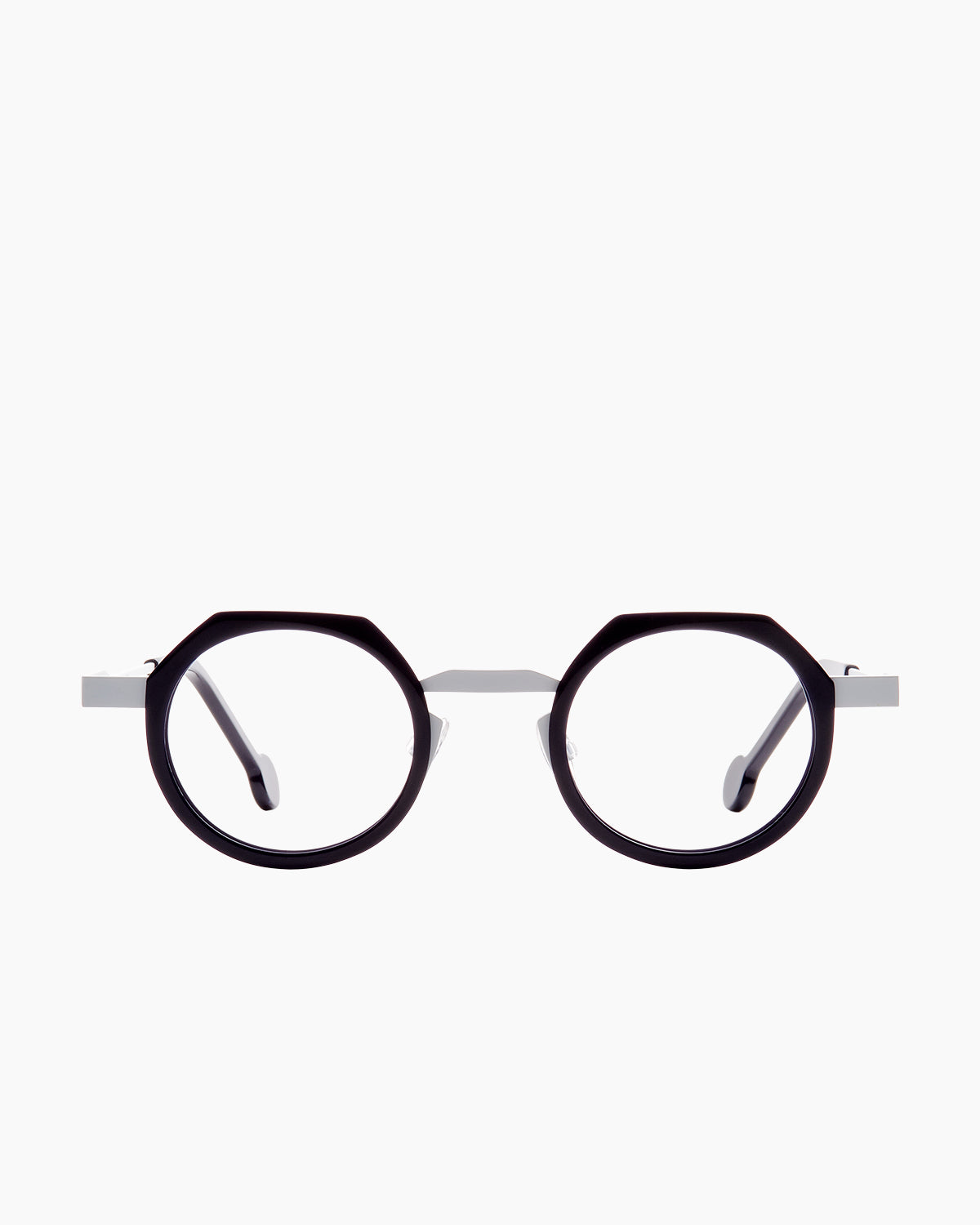 white metal round eyeglasses by Anne et Valentin model frehel, front view, lunettes de vue rond couleur blanc