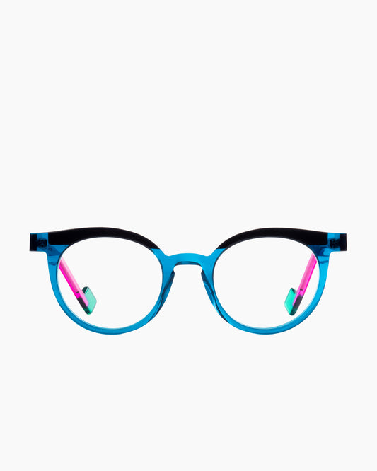 blue plastic round eyeglasses by Anne et Valentin model LEVEL, front view, lunettes de vue rond couleur bleu