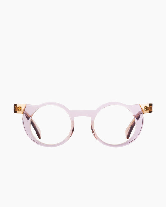 pink plastic round eyeglasses by Gamine model Fukushima, front view, lunettes de vue rond couleur rose