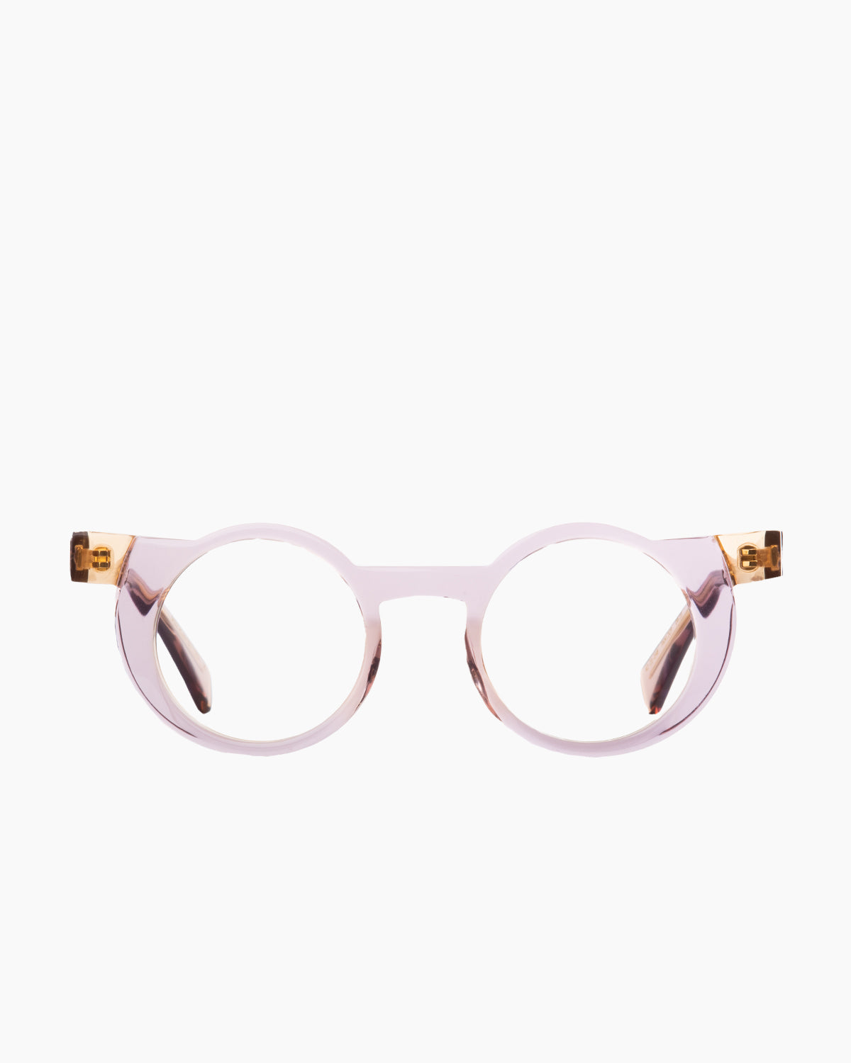 pink plastic round eyeglasses by Gamine model Fukushima, front view, lunettes de vue rond couleur rose