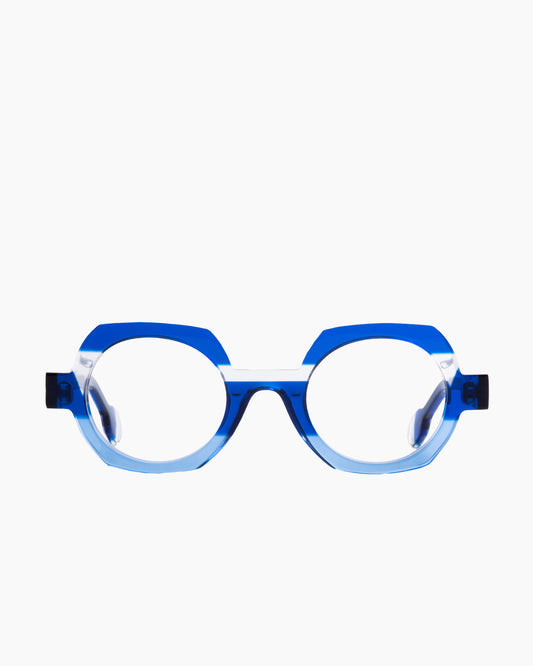 blue plastic round eyeglasses by Anne et Valentin model Hehe, front view, lunettes de vue rond couleur bleu