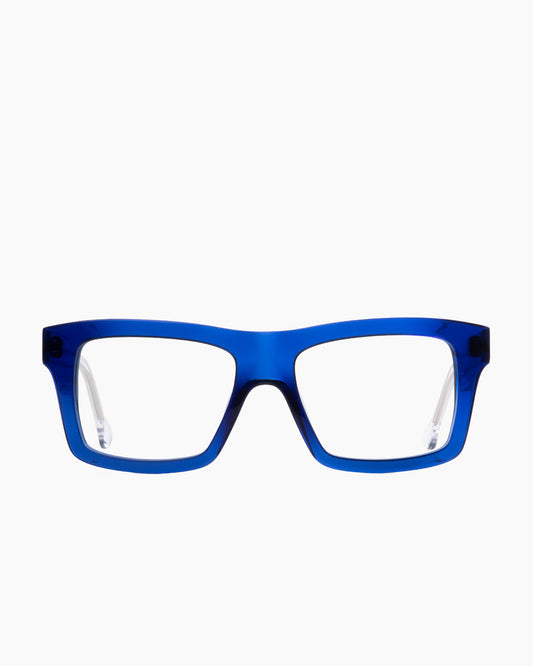 blue plastic rectangle eyeglasses by Marie-Sophie Dion model HeraldSp, front view, lunettes de vue rectangle couleur bleu