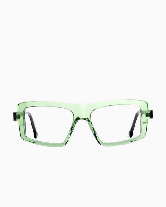 green plastic rectangle eyeglasses by Marie-Sophie Dion model Lavoie, front view, lunettes de vue rectangle couleur vert