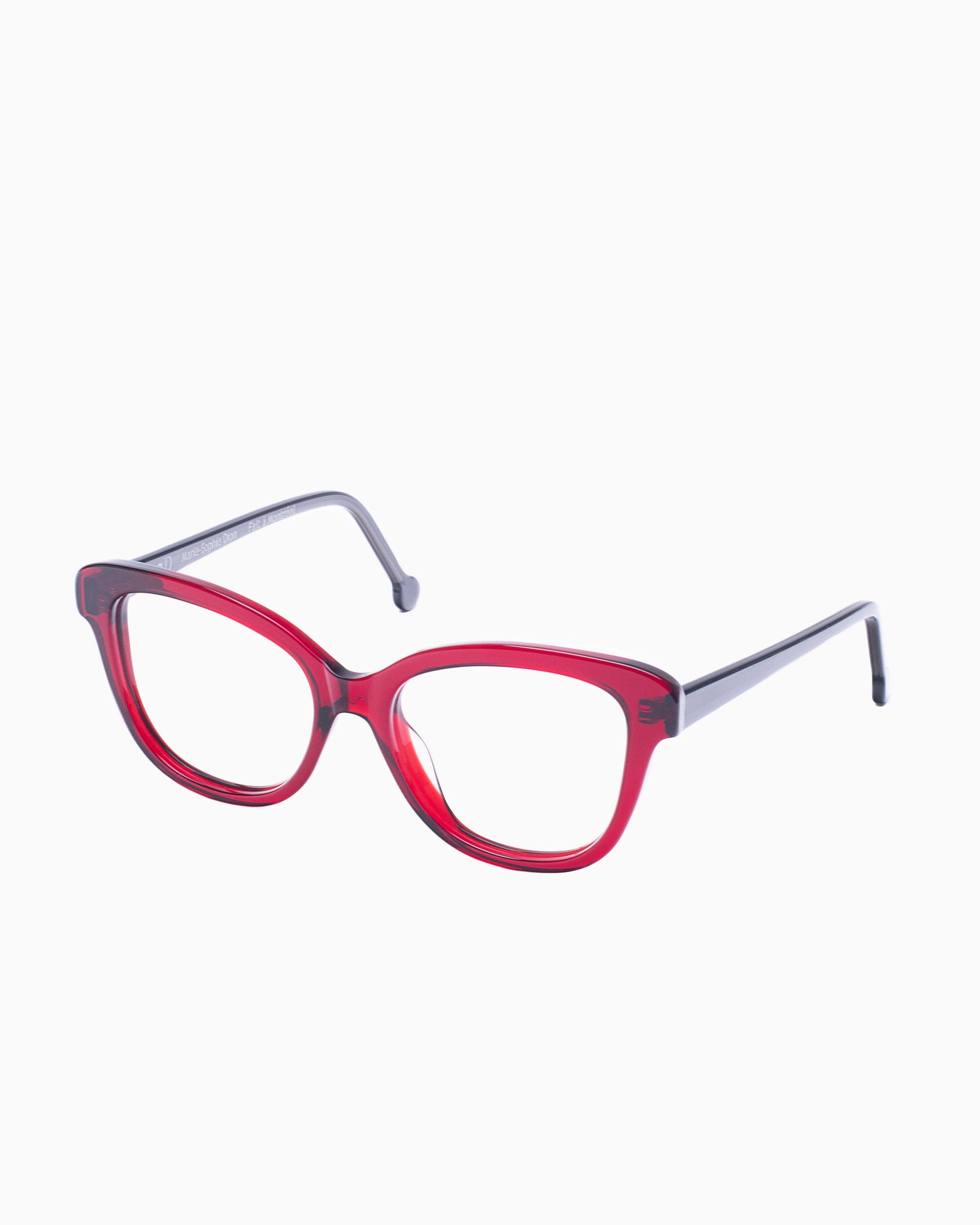 red plastic butterfly eyeglasses by Marie-Sophie Dion model Lamy, front view, lunettes de vue papillon couleur bourgogne