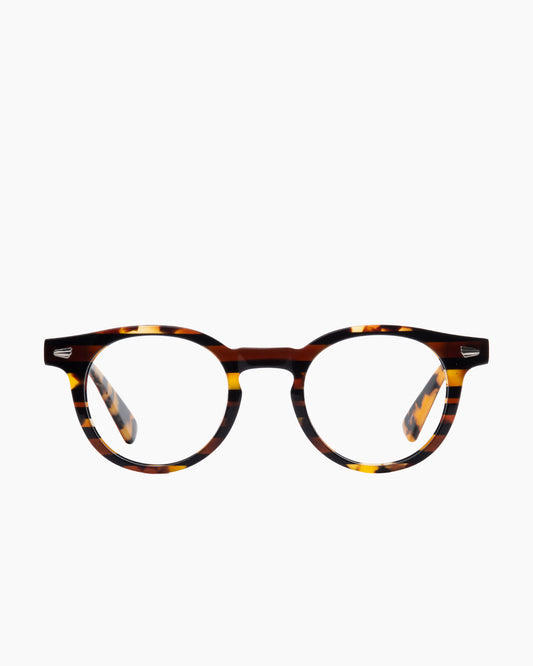 tortoise plastic round eyeglasses by Evolve model drew, front view, lunettes de vue rond couleur écaille de tortue