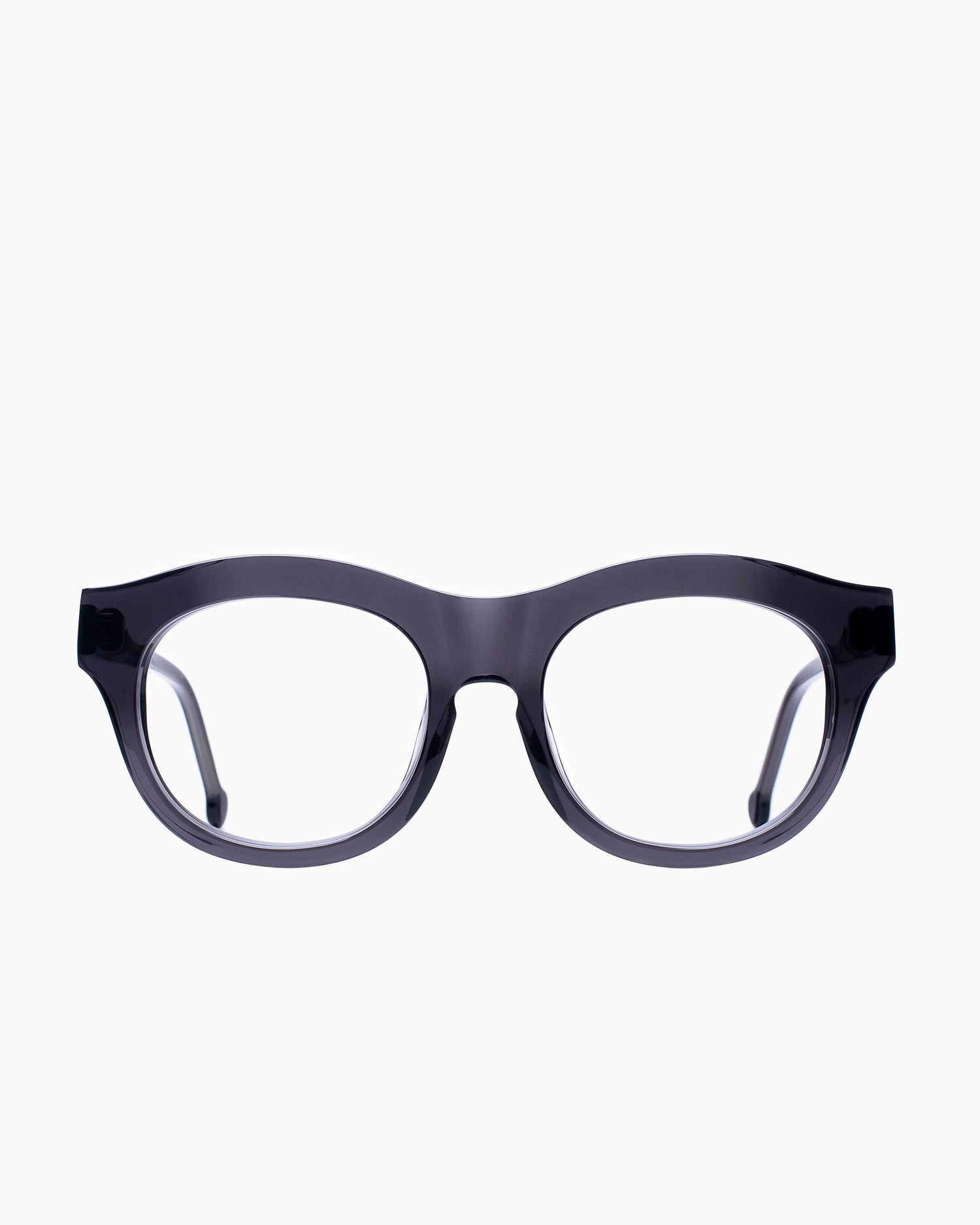 grey plastic round eyeglasses by Marie-Sophie Dion model Carette, front view, lunettes de vue rond couleur Gris