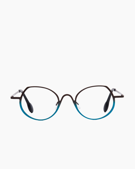 blue metal round eyeglasses by Theo model Constantia, front view, lunettes de vue rond couleur bleu