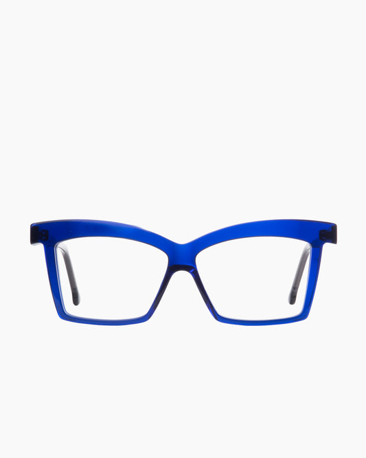 blue plastic butterfly eyeglasses by Marie-Sophie Dion model Elkas, front view, lunettes de vue papillon couleur bleu