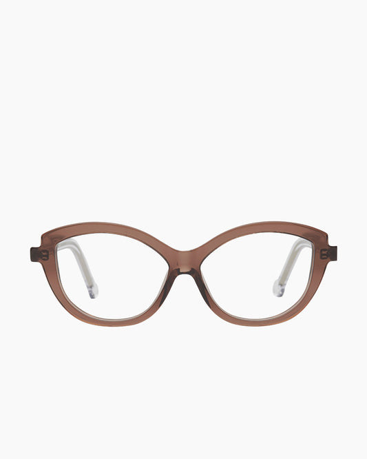 brown plastic cat eyeglasses by Marie-Sophie Dion model Brodeur, front view, lunettes de vue chat couleur Brun