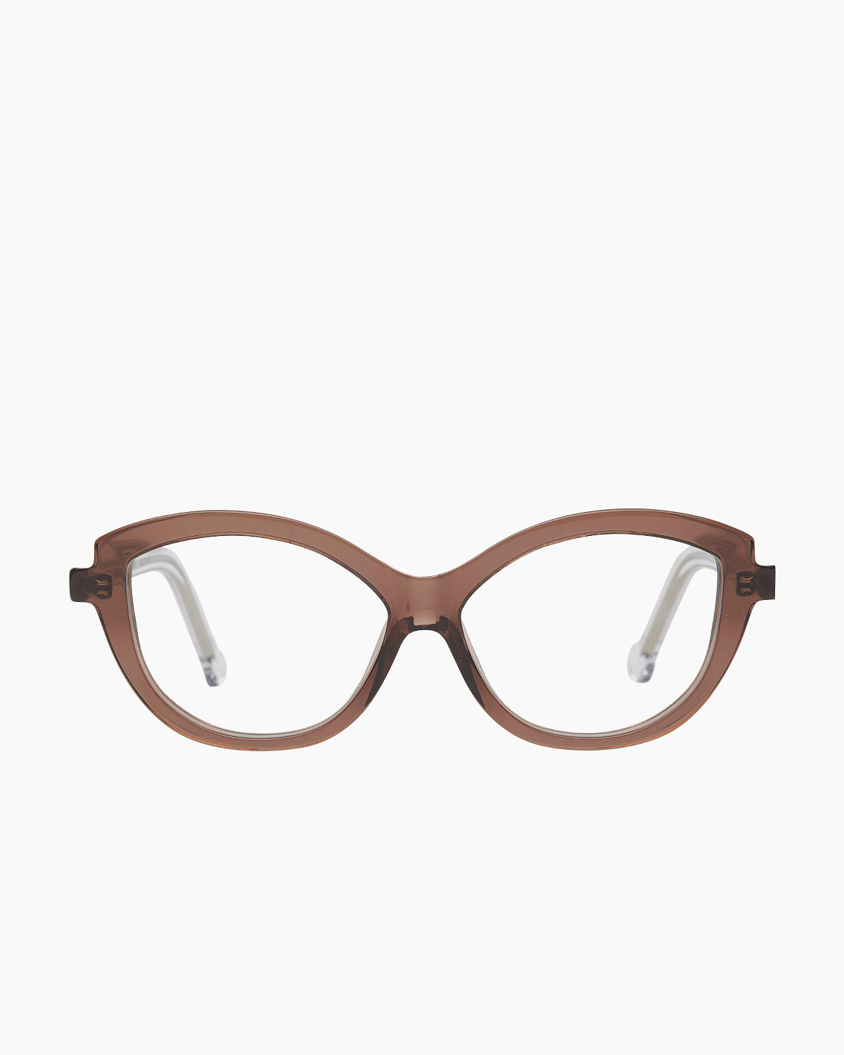 brown plastic cat eyeglasses by Marie-Sophie Dion model Brodeur, front view, lunettes de vue chat couleur Brun