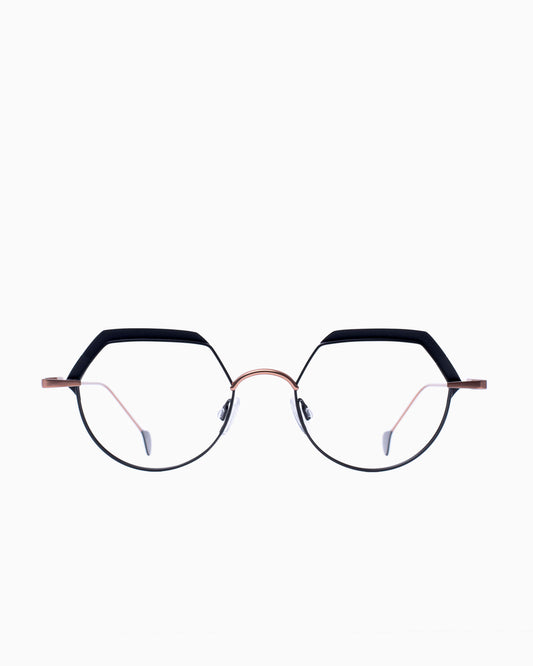 black metal round eyeglasses by Anne et Valentin model Capella, front view, lunettes de vue rond couleur Noir