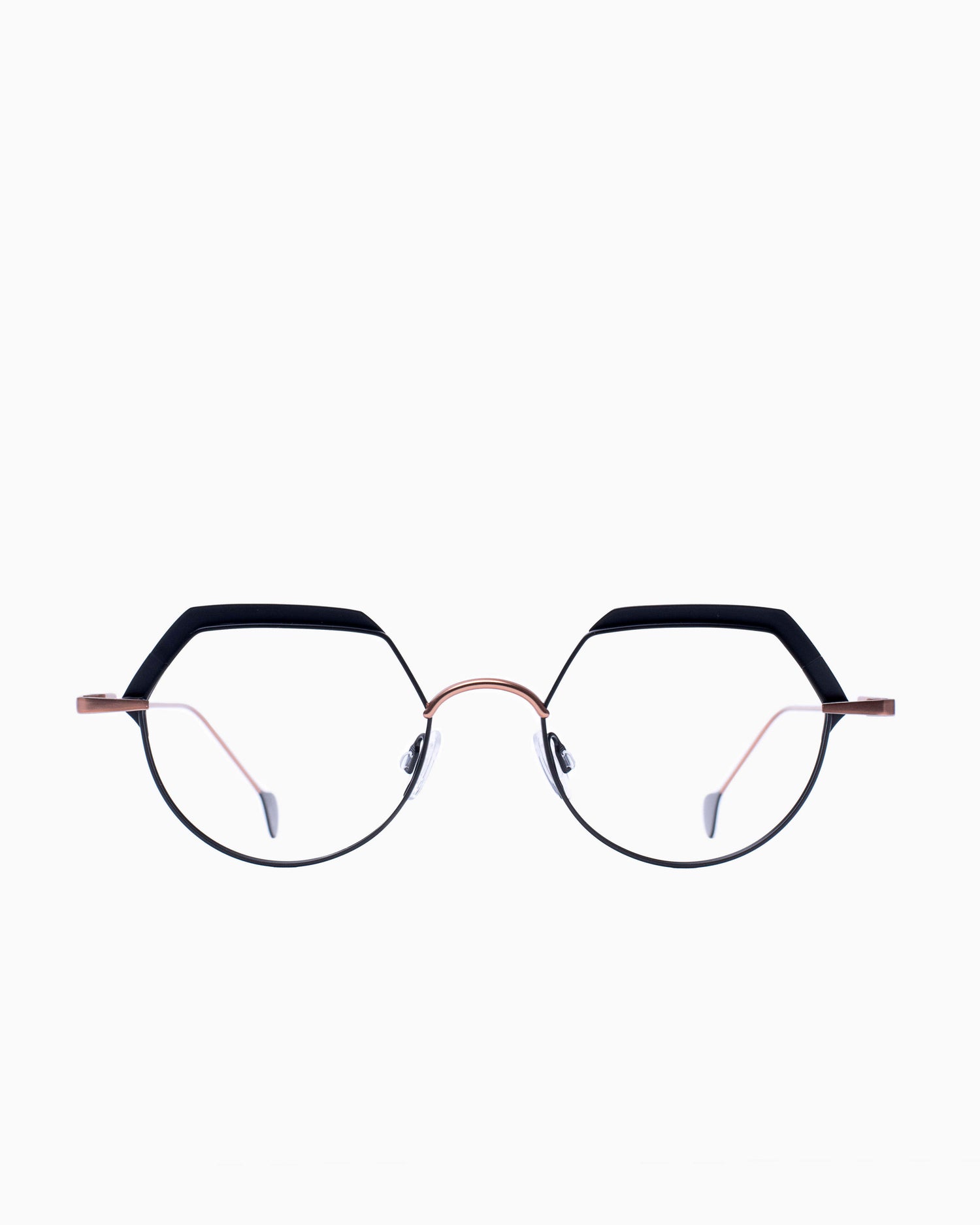 black metal round eyeglasses by Anne et Valentin model Capella, front view, lunettes de vue rond couleur Noir