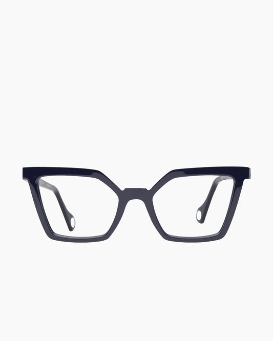 blue plastic butterfly eyeglasses by Anne et Valentin model barceloneta, front view, lunettes de vue papillon couleur Bleu