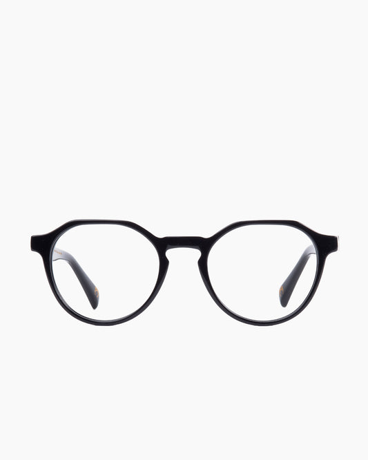 black plastic round eyeglasses by Spectacleeyeworks model Amir, front view, lunettes de vue rond couleur Noir