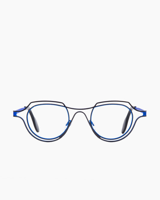 blue metal oval eyeglasses by Theo model LEMANS, front view, lunettes de vue ovale couleur bleu