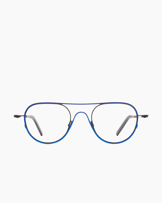 blue metal round eyeglasses by Theo model Isotherm, front view, lunettes de vue rond couleur bleu