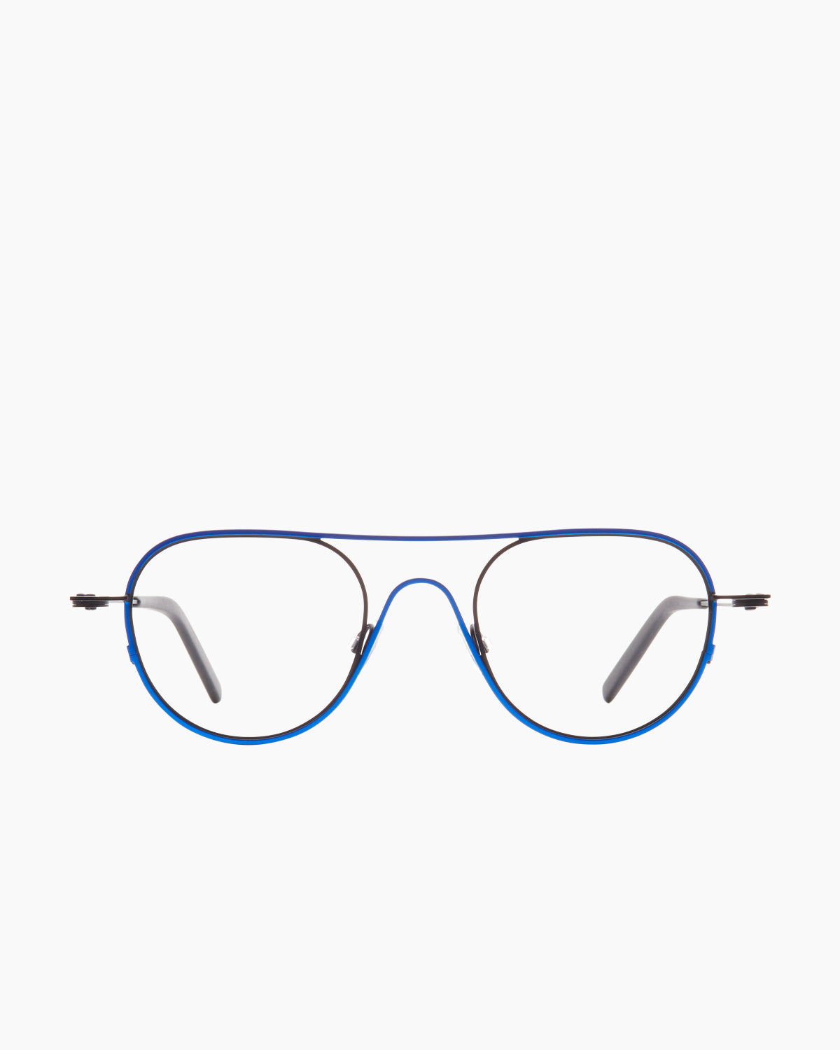 blue metal round eyeglasses by Theo model Isotherm, front view, lunettes de vue rond couleur bleu