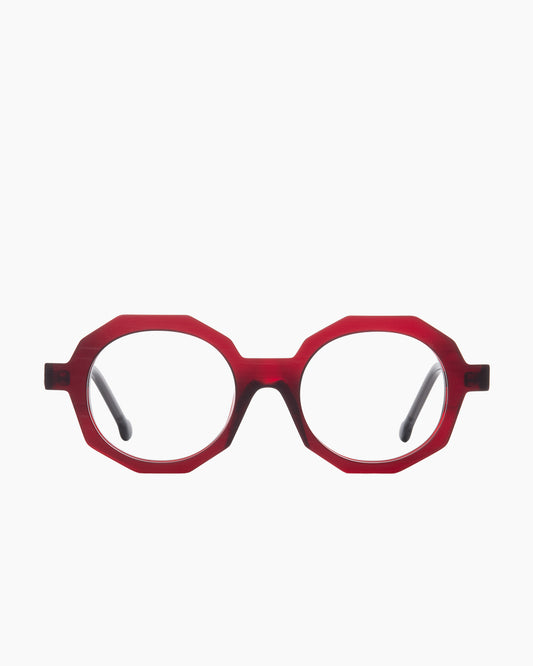 burgundy plastic octogon eyeglasses by Marie-Sophie Dion model Fabi, front view, lunettes de vue octogone couleur bourgogne