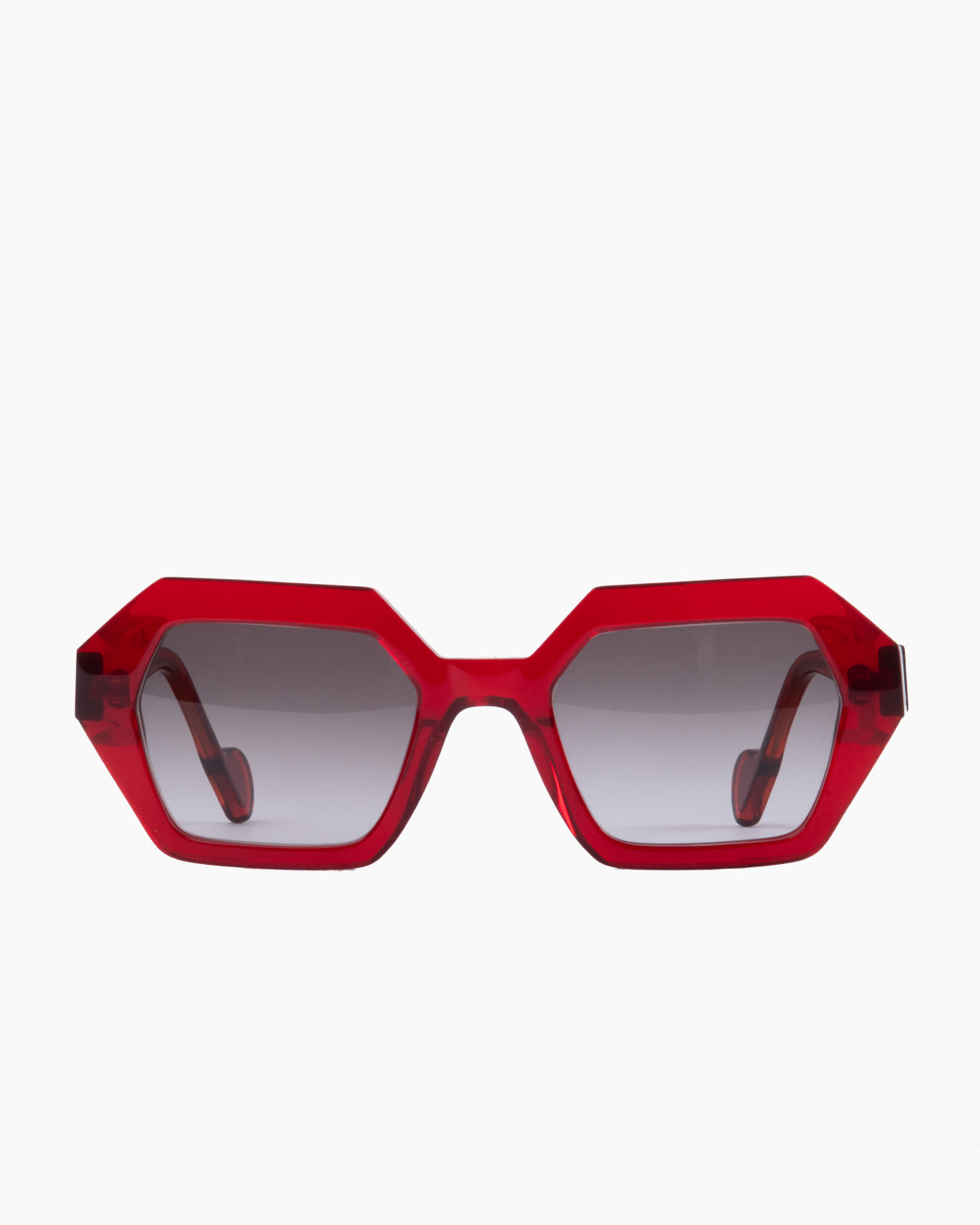 red plastic hexagon  sunglassesby Anne et Valentin model Solveig, front view, lunettes de vue hexagone couleur rouge