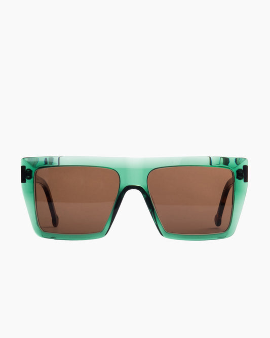 green plastic rectangle sunglassesby Marie-Sophie Dion model Lucas, front view, lunettes de vue rectangle couleur vert