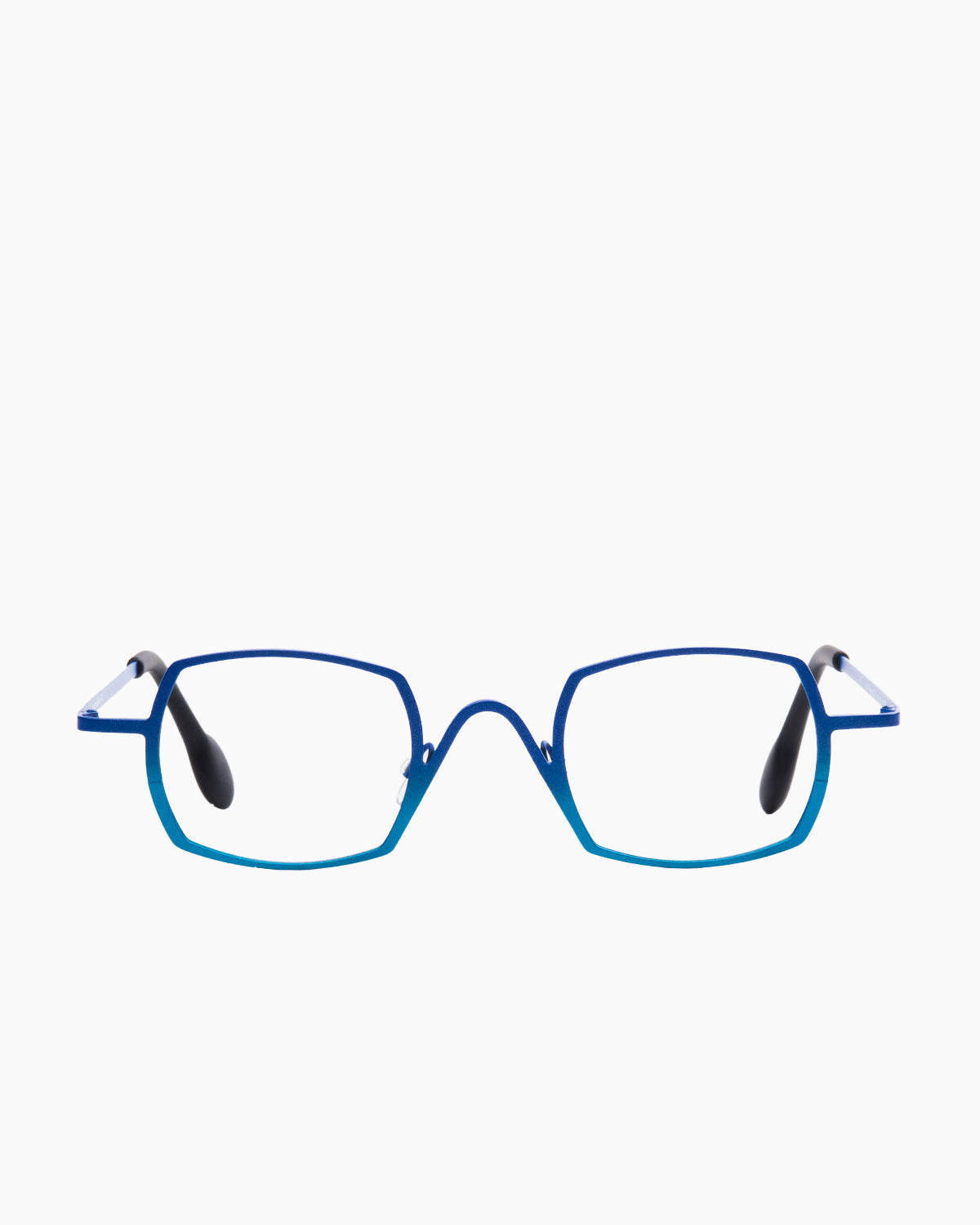 blue metal rectangle eyeglasses by Theo model Trajan, front view, lunettes de vue rectangle couleur bleu