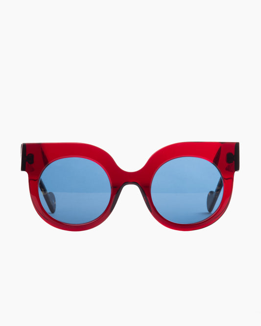 burgundy plastic round sunglassesby Anne et Valentin model saskia, front view, lunettes de vue rond couleur bourgogne