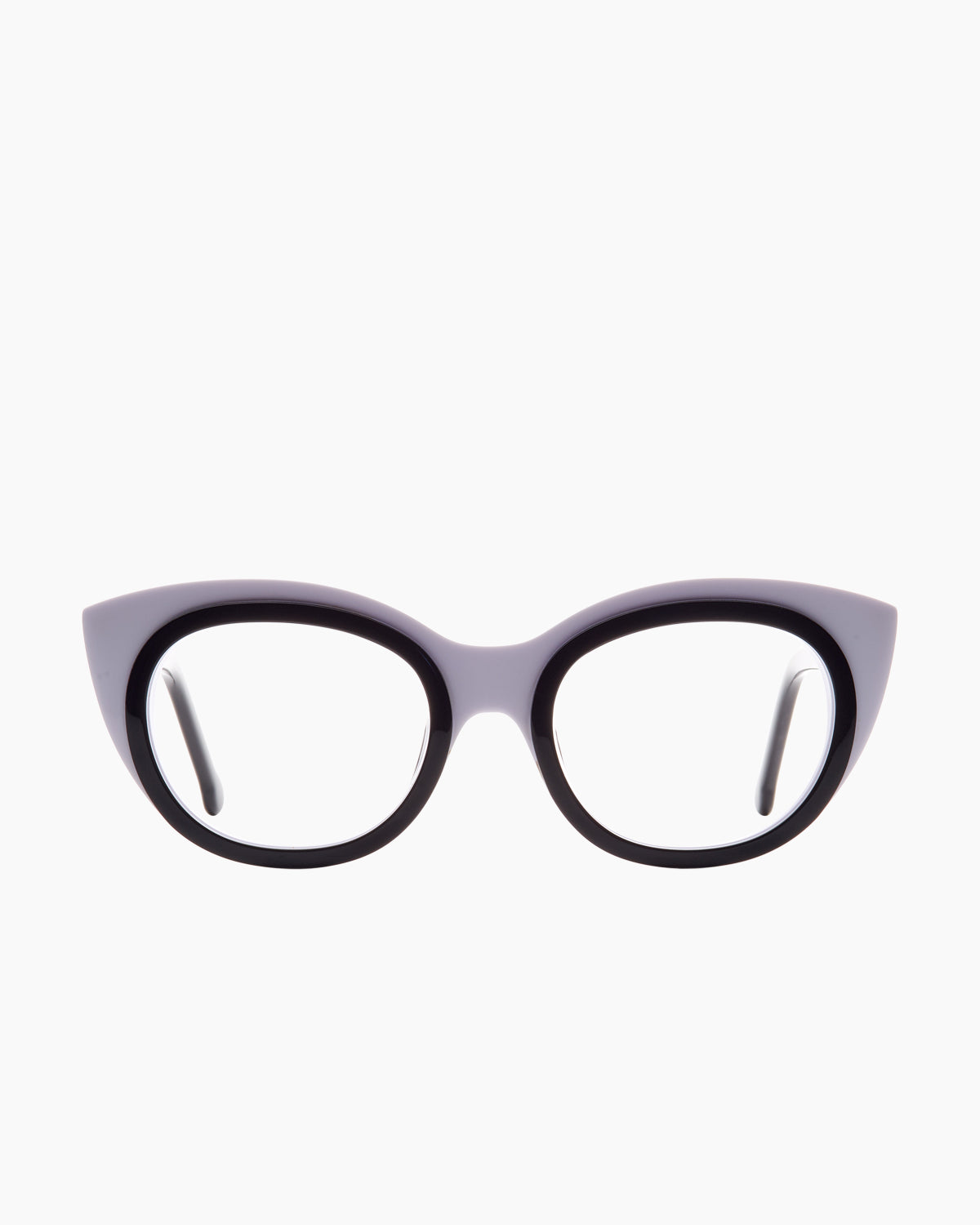 black plastic cat eyeglasses by Marie-Sophie Dion model Blais, front view, lunettes de vue chat couleur noir