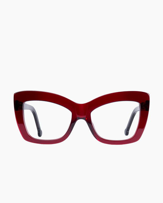 red plastic butterfly eyeglasses by Marie-Sophie Dion model Harper, front view, lunettes de vue papillon couleur bourgogne