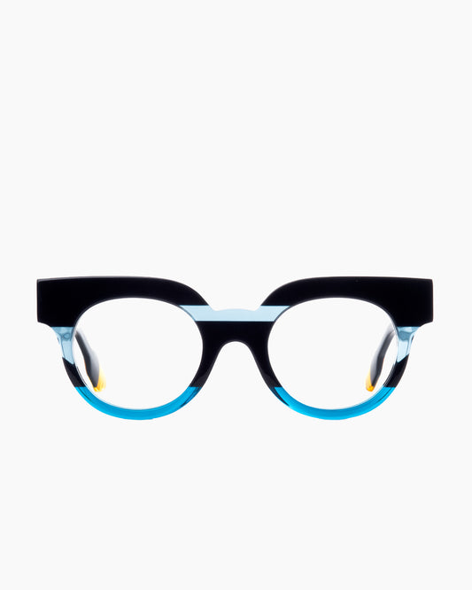 blue plastic butterfly eyeglasses by Anne et Valentin model Hihi, front view, lunettes de vue papillon couleur bleu