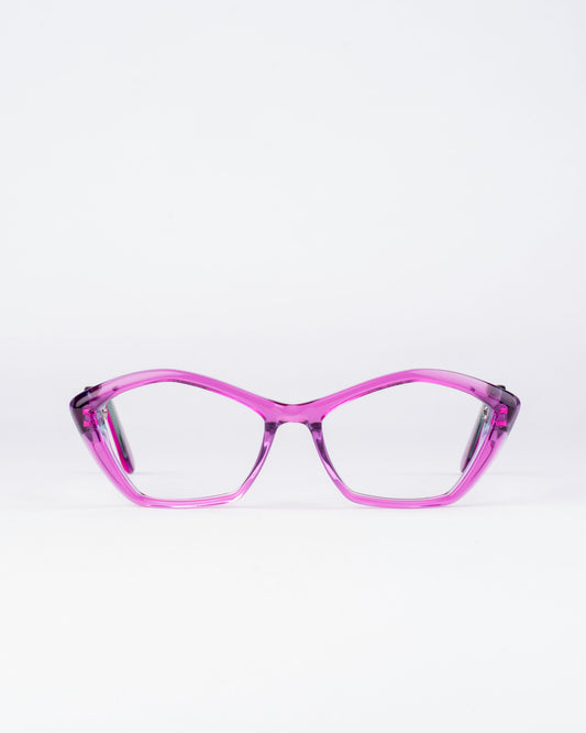 pink plastic butterfly eyeglasses by Traction model breevard, front view, lunettes de vue papillon couleur Rose