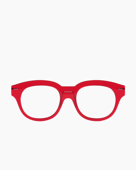 red plastic oval eyeglasses by Monogram Marie-Sophie Dion model Belanger, front view, lunettes de vue ovale couleur Rouge