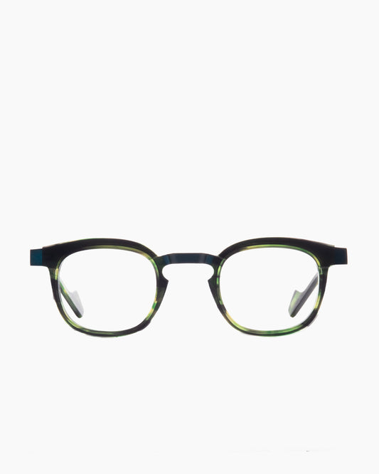green metal rectangle eyeglasses by Anne et Valentin model Owen, front view, lunettes de vue rectangle couleur vert
