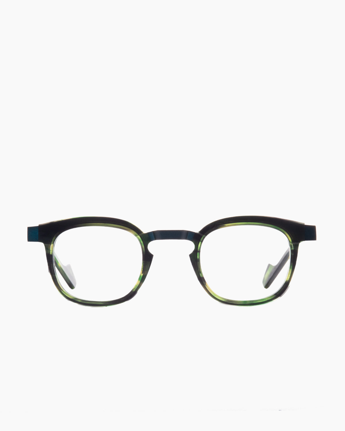 green metal rectangle eyeglasses by Anne et Valentin model Owen, front view, lunettes de vue rectangle couleur vert