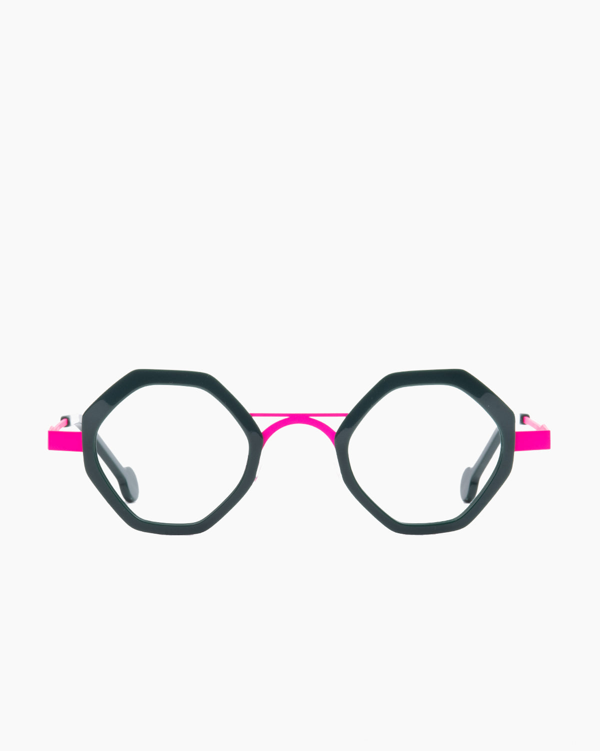 green metal octogon eyeglasses by Anne et Valentin model fadiez, front view, lunettes de vue octogone couleur vert