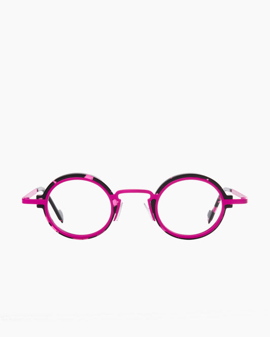 pink metal round eyeglasses by Anne et Valentin model M1, front view, lunettes de vue rond couleur rose